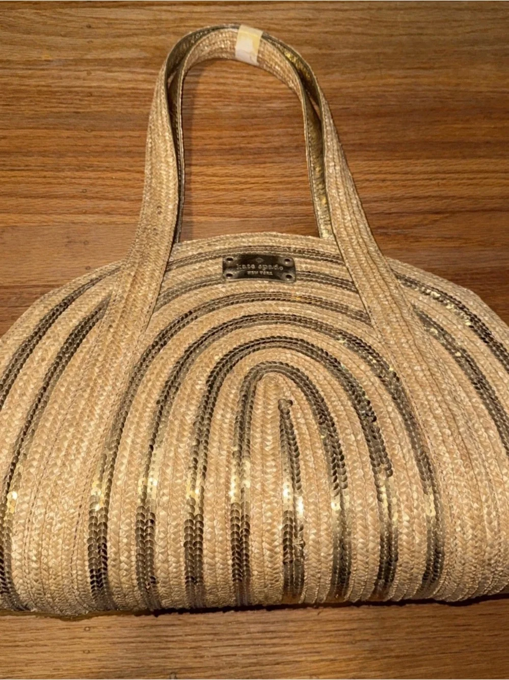 Kate Soade Straw Tote Woven Wicker with Gold Sequin Accents NWT